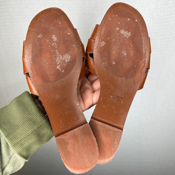 ZARA BASIC Brown Leather Braided Flat Slide Sandals EU 38 US 7.5 Women - Picture 4 of 6